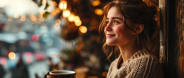 Foto una donna che tiene una tazza di caffè davanti a una finestra