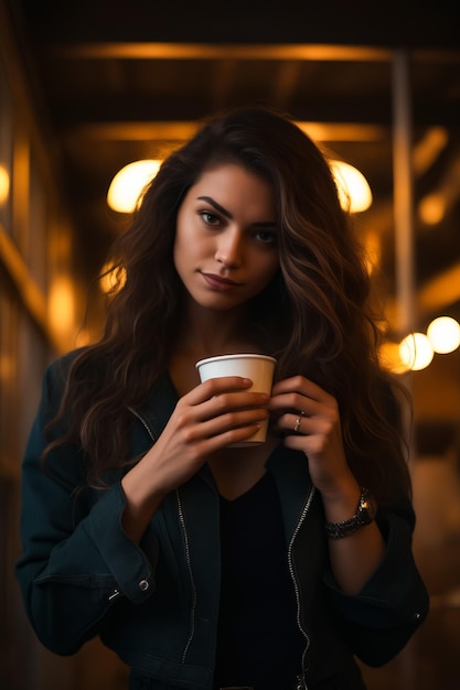 手にコーヒーを握っている女性 生成的な人工知能