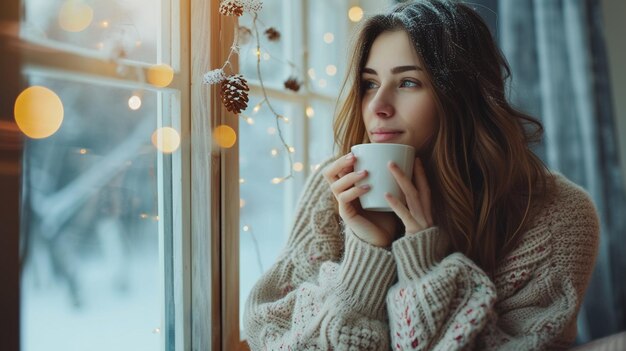 a woman holding a cup of coffee looking out a window