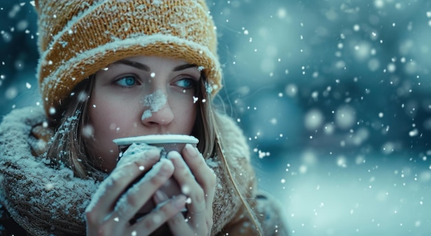 겨울 폭풍우 동안 야외에서 커피 한 잔을 들고 있는 여자