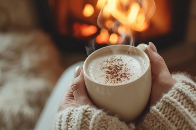 Photo woman holding cup of hot chocolate in front of fireplace