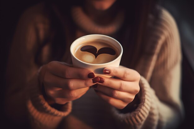 Photo woman holding cup of hot coffee with heart shape on the surface neural network generated in may 2023 not based on any actual person scene or pattern