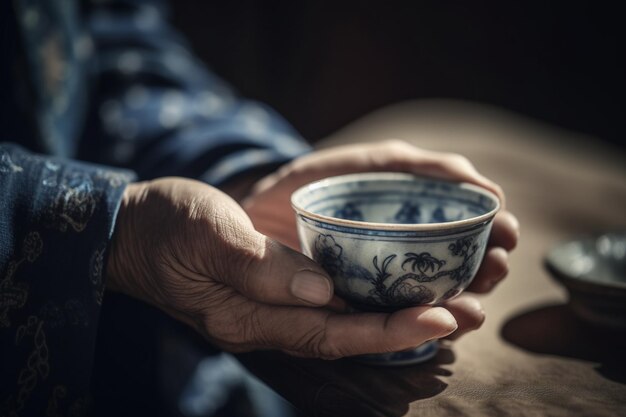 A woman holding a cup of tea with the word tea on it