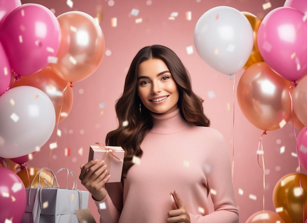 a woman holding a cup with confetti in the background