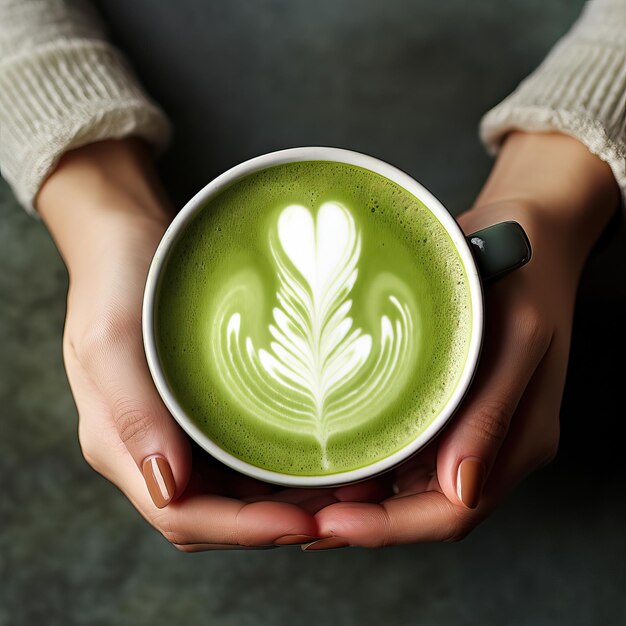 Женщина, держащая чашку с напитком matcha latte, размещенной на столе, фото с верхнего вида розетки на столе