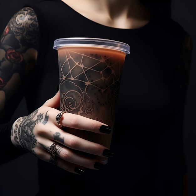 a woman holding a cup with a tattoo on it