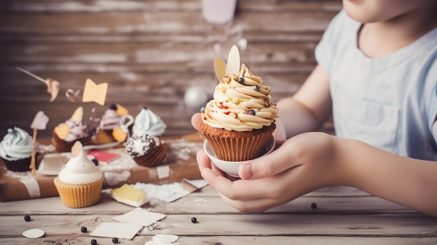 カップケーキが乗ったカップケーキを持っている女性。