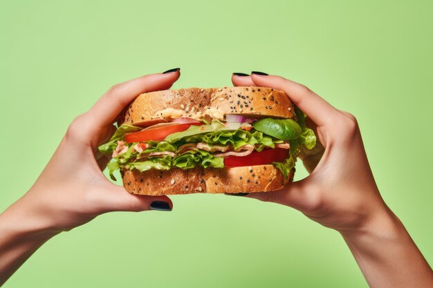 Woman holding delicious sandwich on colored surface