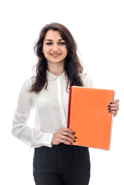 Woman holding different folders isolated on white wall