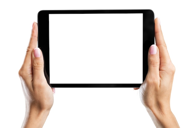 Woman holding   digital tablet on background