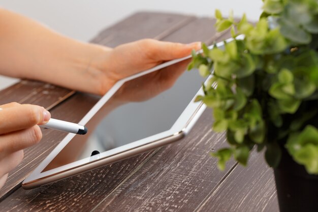 Woman holding digital tablet, closeup