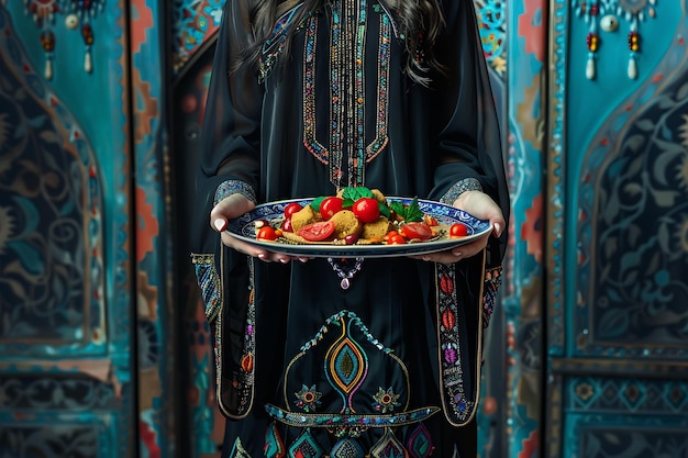 Photo woman holding dish of arab food