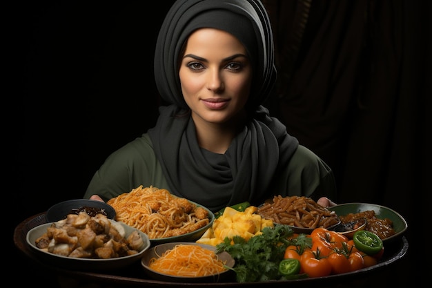 Woman holding dish of arab food