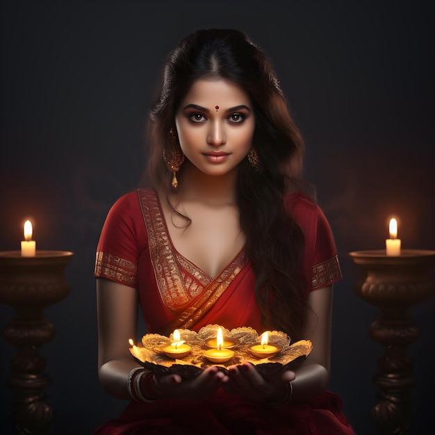 A woman holding diya on plate for diwali festival generated by Ai