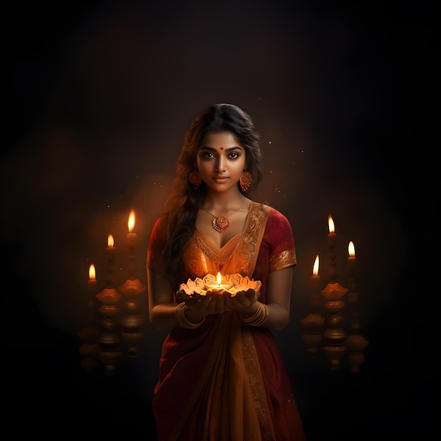 A woman holding diya on plate for diwali festival generated by Ai