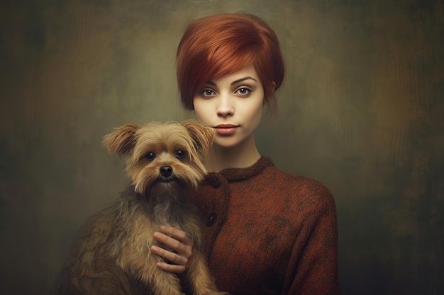 woman holding dog isolated on Beautiful young woman with a smiling Yorkshire Terrier dog Closeup photo Pet care people and pets