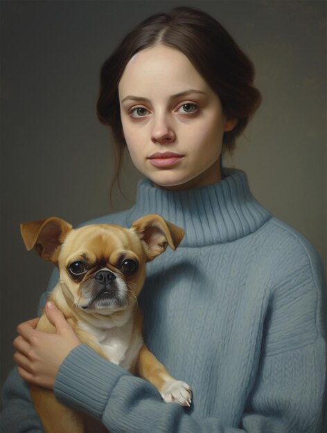 Foto una donna che tiene in braccio un cane che indossa un maglione blu