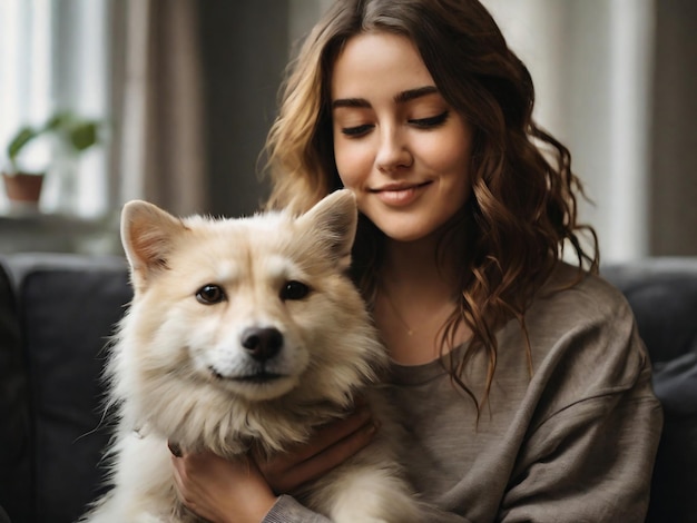 腕を首の周りにして犬を抱いている女性