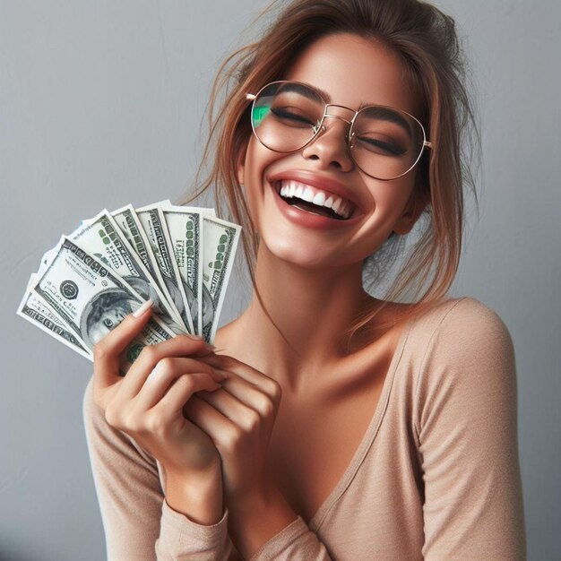 a woman holding a dollar bill and smiling with a smile on her face