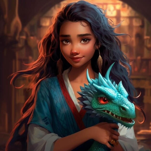 a woman holding a dragon in front of a castle generative ai