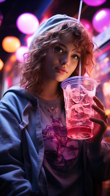 A woman holding a drink generative ai art