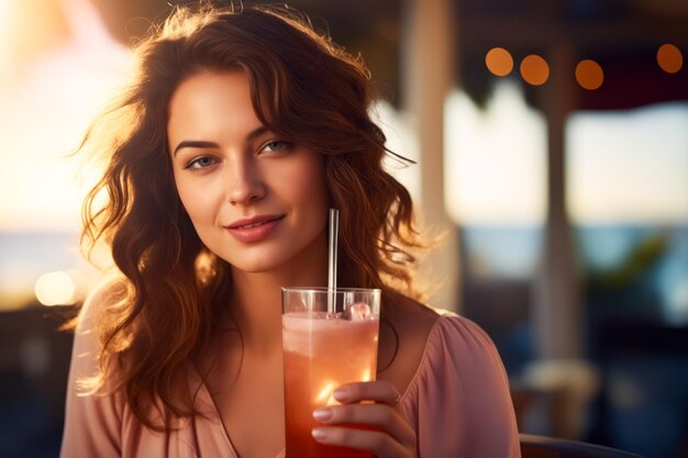 Woman holding drink in her hand and smiling Generative AI