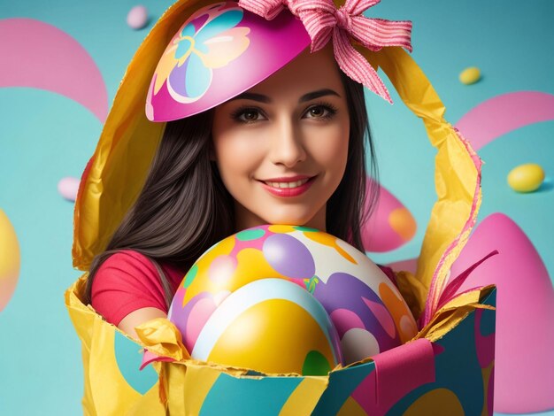 Woman holding Easter egg on egg box