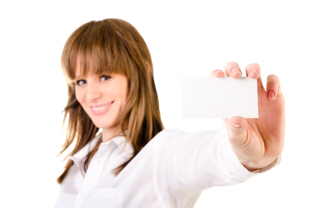 Woman holding empty card isolated on a white background