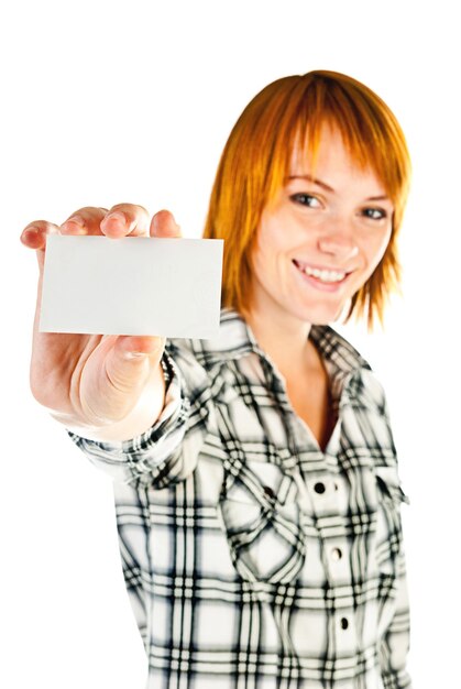 Woman holding empty card isolated on a white background