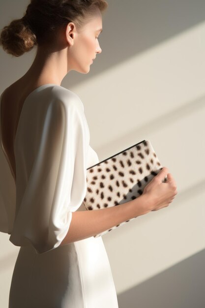 Photo woman holding fashionable handbag made of spotted fur on white background