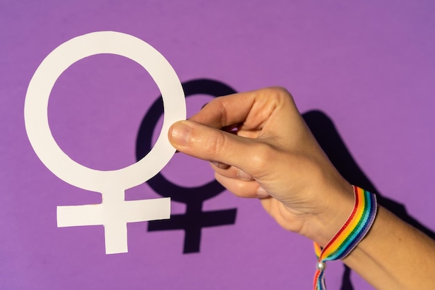 女性のために戦う紫色の背景を描く女性のシンボルを保持している女性女性の強さLGTBフラグ