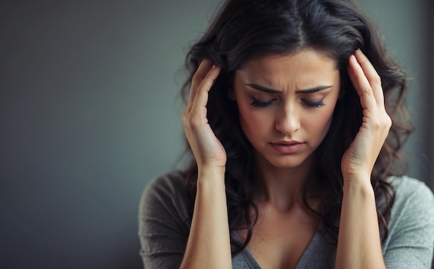 Woman holding fingers on head temples because of migraine