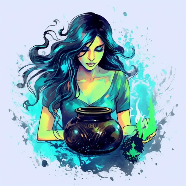 a woman holding a fish bowl with a green liquid inside generative ai