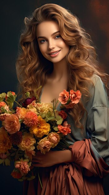 Woman holding flower bouquet florist long curly hair