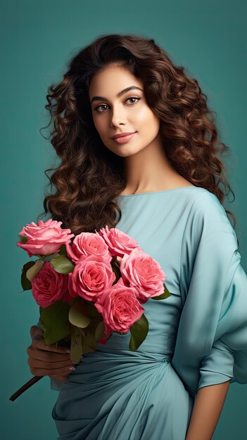 Woman holding flower bouquet florist long curly hair