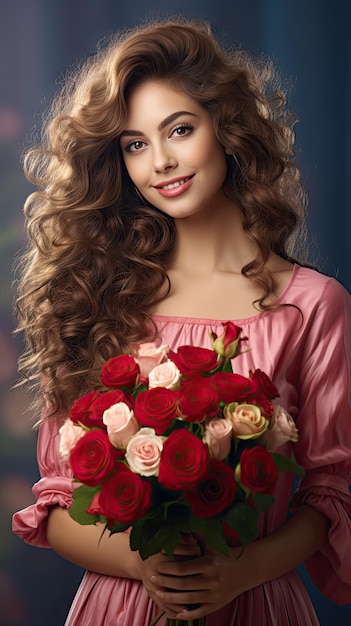 花の花束を保持している花屋の長い巻き毛の女性