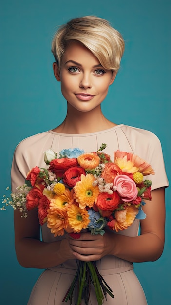 Photo woman holding flower bouquet florist pixie haircut