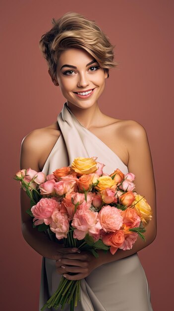 Woman holding flower bouquet florist pixie haircut