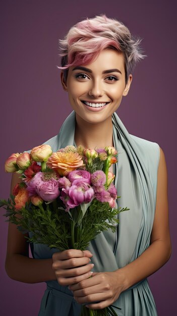 花の花束を保持している女性花屋花屋ピクシーヘアカット