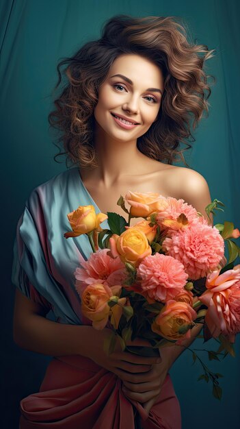 Woman holding flower bouquet florist short curly hair