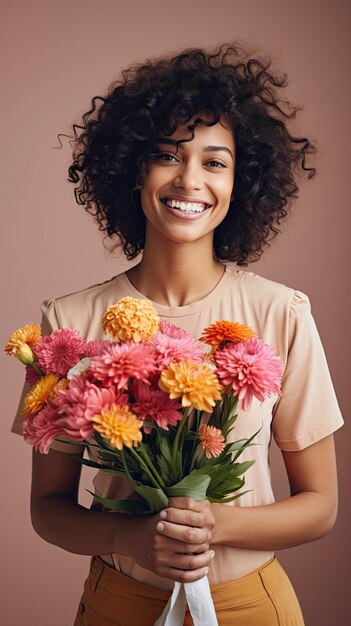 Foto donna che mantiene bouquet di fiori fiorista capelli ricci corti