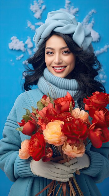 Woman holding flower bouquet florist in winter