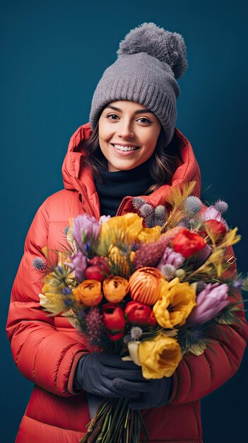 冬に花の花束を持った花屋の女性