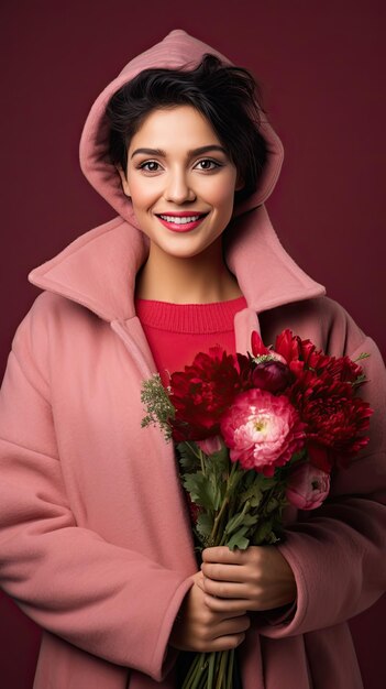 冬に花の花束を持った花屋の女性