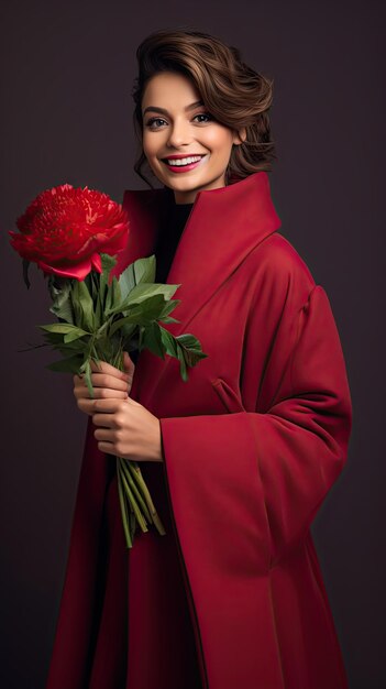 冬に花の花束を持った花屋の女性