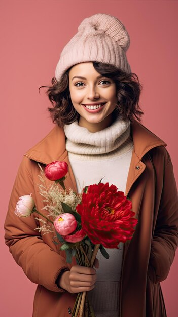 冬に花の花束を持った花屋の女性