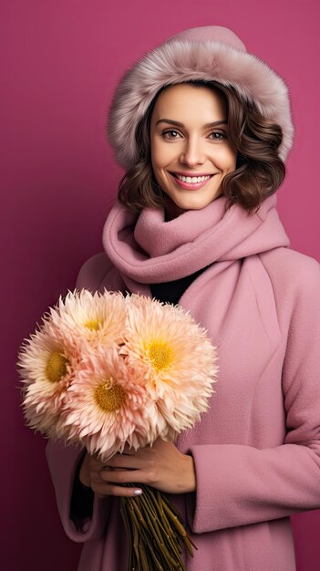 冬に花の花束を持った花屋の女性