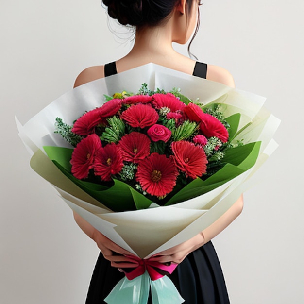 Woman Holding A Flower Bouquet Behind Her Back