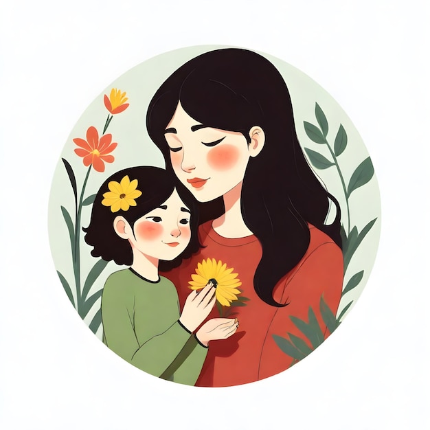 a woman holding a flower and a child with a woman holding a flower