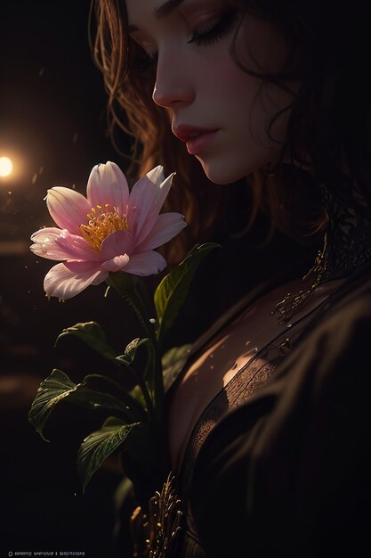 Darkly Romantic Illustration of a Woman Holding Insect Flowers